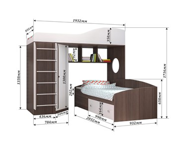 Кровать-чердак Кадет-2 с металлической лестницей, корпус Белое дерево, фасад Оранжевый в Элисте - предосмотр 1