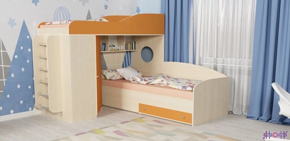 Кровать-чердак в детскую Кадет-2 с металлической лестницей, корпус Дуб, фасад Оранжевый в Элисте - изображение