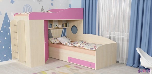 Кровать-чердак в детскую Кадет-2 с металлической лестницей, корпус Дуб, фасад Розовый в Элисте - изображение
