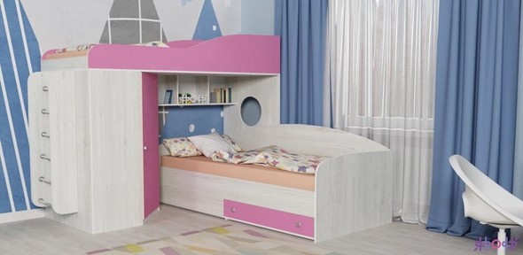 Кровать-чердак в детскую Кадет-2 с металлической лестницей, корпус Винтерберг, фасад Розовый в Элисте - изображение