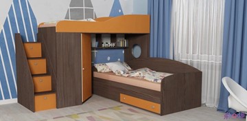 Детская кровать-шкаф Кадет-2 с универсальной лестницей, корпус Ясень анкор темный, фасад Оранжевый в Элисте