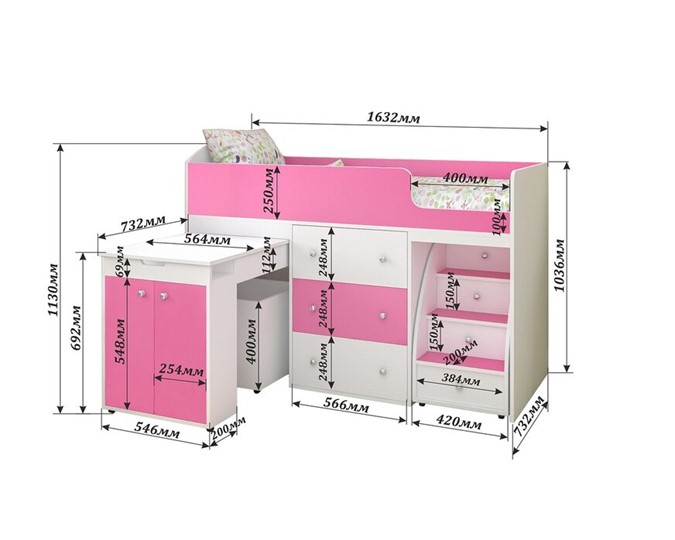 Кровать-чердак Малыш 1600, корпус Винтерберг, фасад Розовый в Элисте - изображение 1