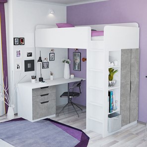 Детская кровать с письменным столом и шкафом POLINI Kids Simple Белый / Бетон в Элисте - предосмотр 1