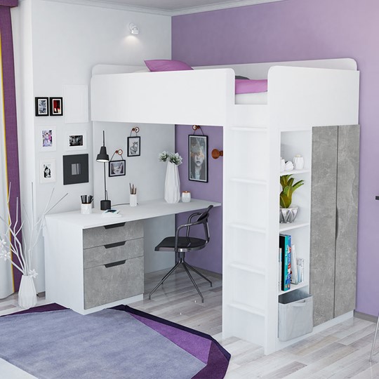 Детская кровать с письменным столом и шкафом POLINI Kids Simple Белый / Бетон в Элисте - изображение 1