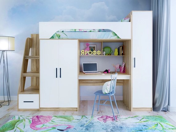 Детская кровать-чердак с шкафом Тея, каркас Ясень, фасад Белый в Элисте - изображение