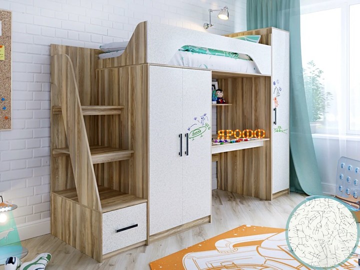 Кровать-чердак в детскую с шкафом Тея, каркас Ясень, фасад Феритейл в Элисте - изображение 1