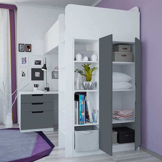 Кровать детская с письменным столом и шкафом POLINI Kids Simple Белый / Серый в Элисте - изображение 1