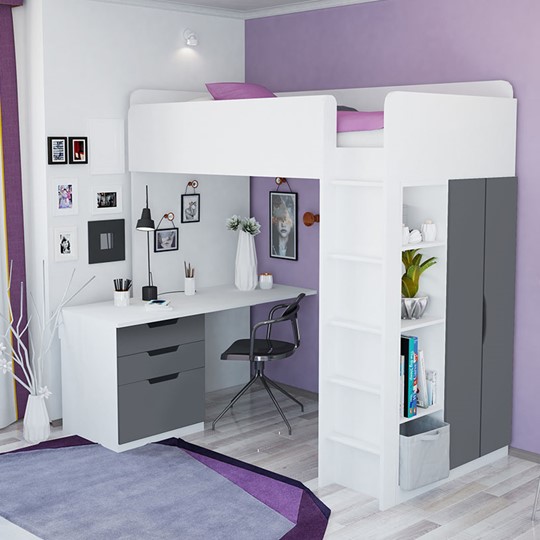 Кровать детская с письменным столом и шкафом POLINI Kids Simple Белый / Серый в Элисте - изображение 3