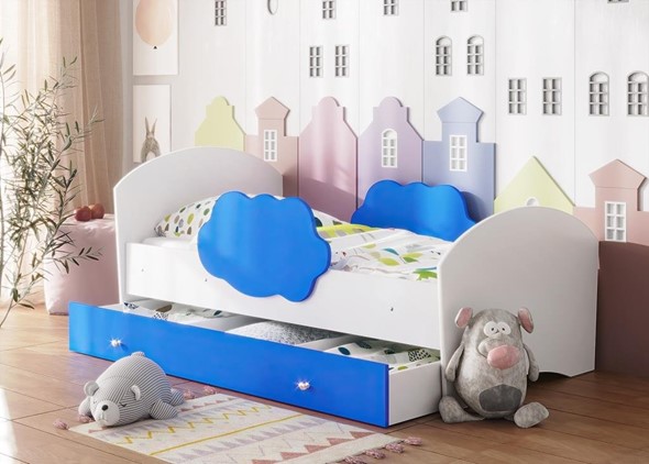 Кровать детская Тучка с ящиком, корпус Белый, фасад Синий в Элисте - изображение