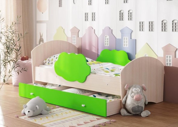 Детская кровать Тучка с ящиком, корпус Дуб млечный, фасад Лайм в Элисте - изображение