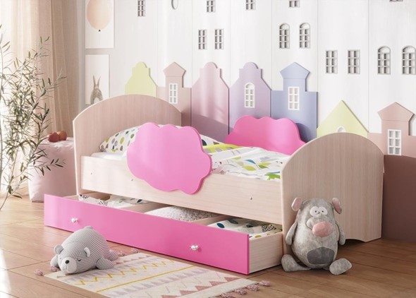Детская кровать Тучка с ящиком, корпус Дуб млечный, фасад Розовый в Элисте - изображение