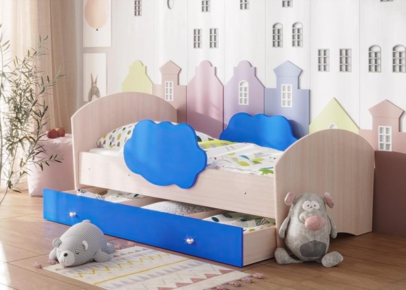 Кровать детская Тучка с ящиком, корпус Дуб млечный, фасад Синий в Элисте - изображение