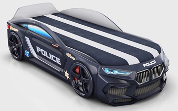 Кровать-машина в детскую Romeo-М Police + подсветка фар, ящик, матрас, Черный в Элисте - предосмотр