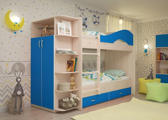 Детская двухэтажная кровать Мая на щитах со шкафом и ящиками, корпус Млечный дуб, фасад Синий в Элисте - изображение