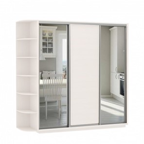 Шкаф 3-дверный Экспресс (Зеркало/ДСП/Зеркало) со стеллажом, 2700х600х2400, белый снег в Элисте - предосмотр