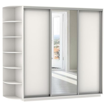 Шкаф 3-дверный Экспресс (ДСП/Зеркало/ДСП) со стеллажом, 2400х600х2200, белый снег в Элисте - изображение