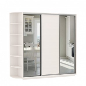 Шкаф 3-х створчатый Экспресс (Зеркало/ДСП/Зеркало) со стеллажом, 2100х600х2200, белый снег в Элисте - предосмотр