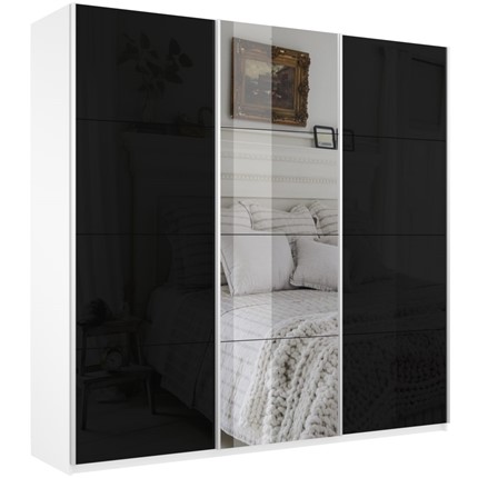 Шкаф Широкий Прайм (2 Стекла Черных / Зеркало) 2400x570x2300, Белый Снег в Элисте - изображение