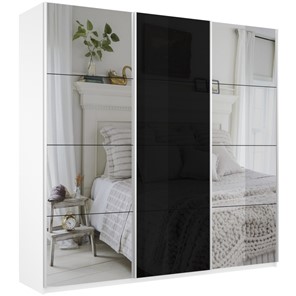 Шкаф 3-дверный Широкий Прайм (2 Зеркала / Стекло черное) 2400x570x2300, Белый Снег в Элисте