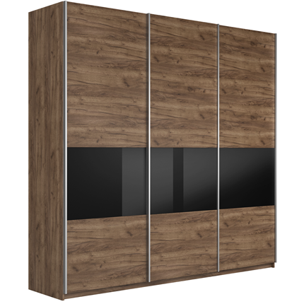 Шкаф 3-створчатый Широкий Прайм (ДСП / Черное стекло) 2400x570x2300, Крафт Табачный в Элисте - изображение
