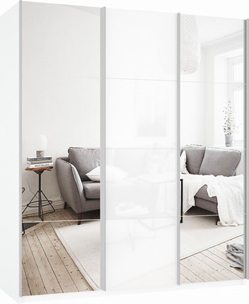 Шкаф 3-х створчатый Прайм (Зеркало/Белое стекло/Зеркало) 1800x570x2300, белый снег в Элисте - изображение