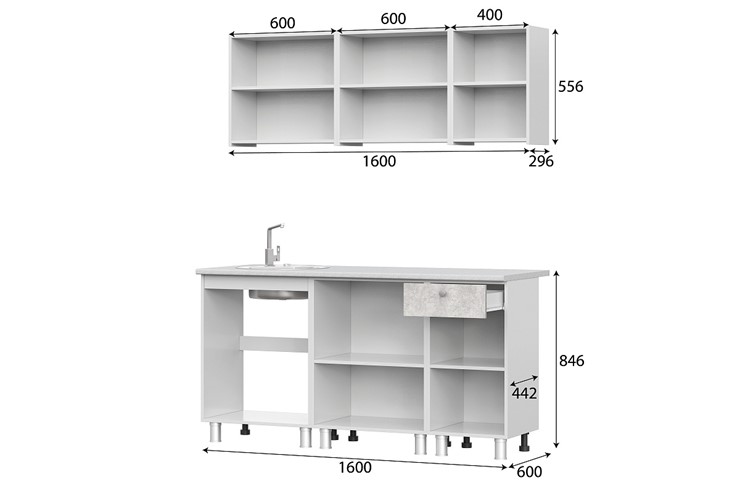 Кухня КГ-1 1600, белый/белый/цемент светлый/антарес в Элисте - изображение 2
