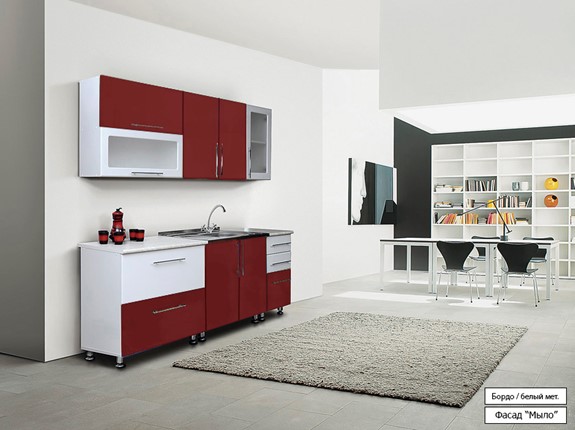 Гарнитур на кухню Мыло 224 2000х918, цвет Бордо/Белый металлик в Элисте - изображение