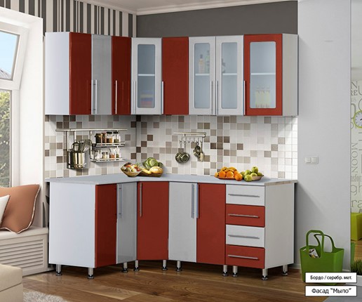 Кухня угловая Мыло 224 1800х1400, цвет Бордо/Серебристый металлик в Элисте - изображение