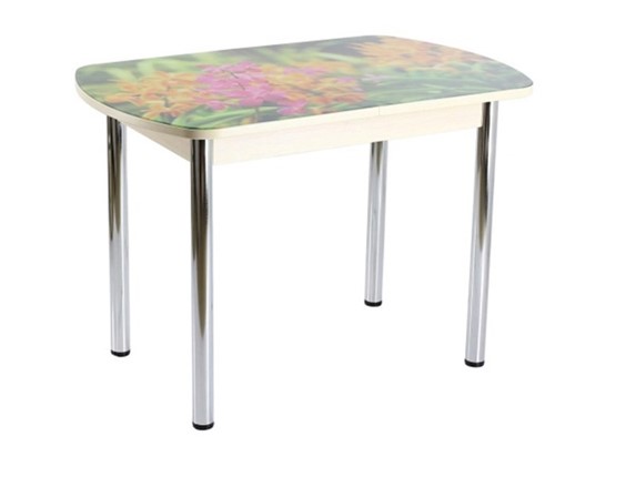 Кухонный раздвижной стол ПГ мини СТФ, дуб молочный ЛДСП/луговые цветы/39 прямые трубы хром в Элисте - изображение