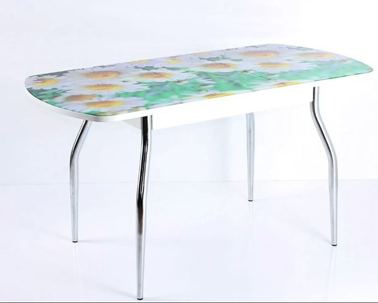 Кухонный раздвижной стол ПГ-07 СТФ, белое ЛДСП/ромашки/35 хром гнутые в Элисте - изображение