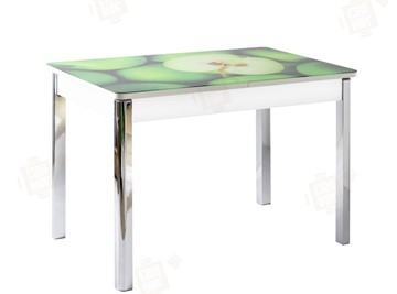 Кухонный раздвижной стол Айсберг-02 СТФ, белое лдсп/зеленые яблоки/ноги хром квадратные в Элисте - предосмотр