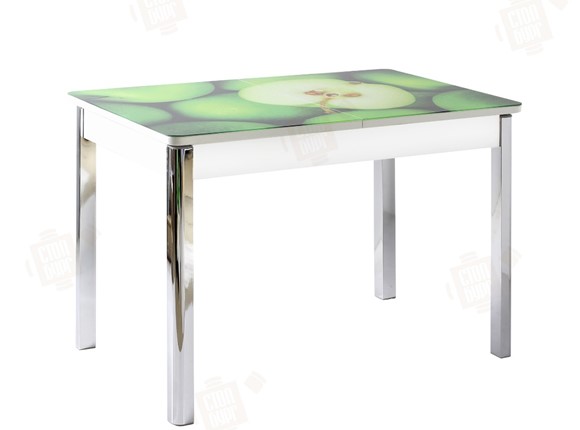 Кухонный раздвижной стол Айсберг-02 СТФ, белое лдсп/зеленые яблоки/ноги хром квадратные в Элисте - изображение