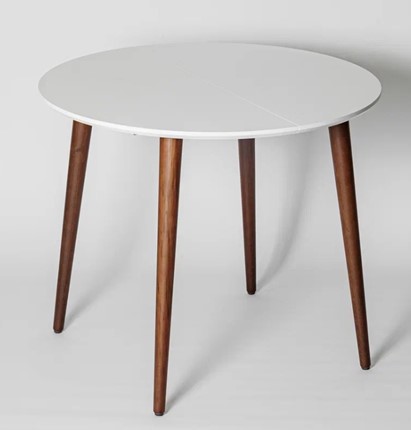 Кухонный раздвижной круглый стол Белая Эмаль д. 90 см МДФ ножки  орех в Элисте - изображение