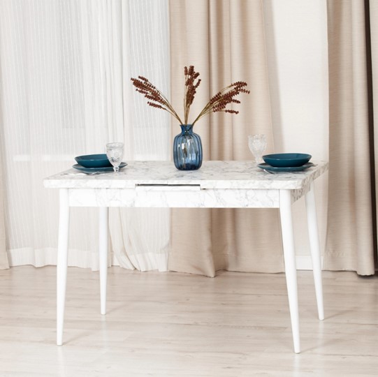 Кухонный раскладной стол ALTA (mod. 1183) ЛДСП+меламин/металл, 120+30х70х75, белый мрамор/белый, арт.19486 в Элисте - изображение 10