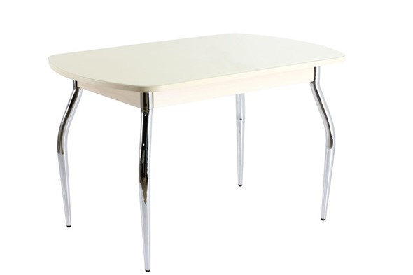 Кухонный обеденный стол ПГ-05 СТ1, дуб молочный/песочное стекло/35 хром гнутые металл в Элисте - изображение