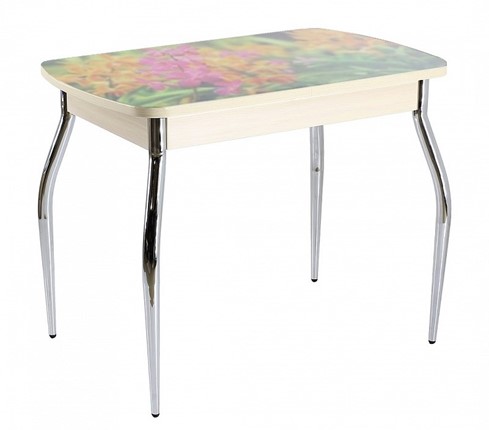 Кухонный раскладной стол ПГ-07 СТФ, дуб молочный лдсп/луговые цветы/35 хром гнутые в Элисте - изображение
