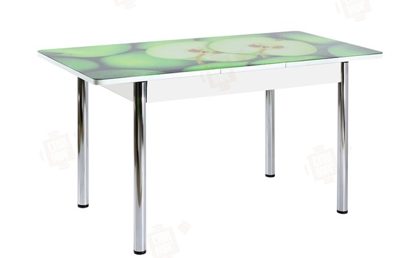 Раздвижной стол Айсберг-01 СТФ, белый/фотопечать зеленые яблоки/ноги хром круглые в Элисте - изображение