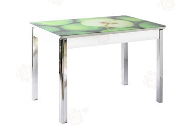 Кухонный раскладной стол Айсберг-01 СТФ, белый/фотопечать зеленые яблоки/ноги хром квадратные в Элисте - предосмотр