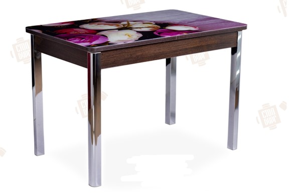 Кухонный стол раскладной Айсберг-01 СТФ, венге/фотопечать пионы/ноги хром квадратные в Элисте - изображение