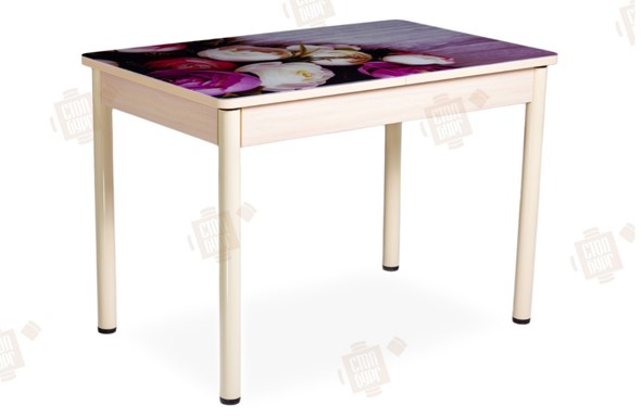 Кухонный стол раскладной Айсберг-01 СТФ, дуб/фотопечать пионы/ноги крашеные в Элисте - изображение