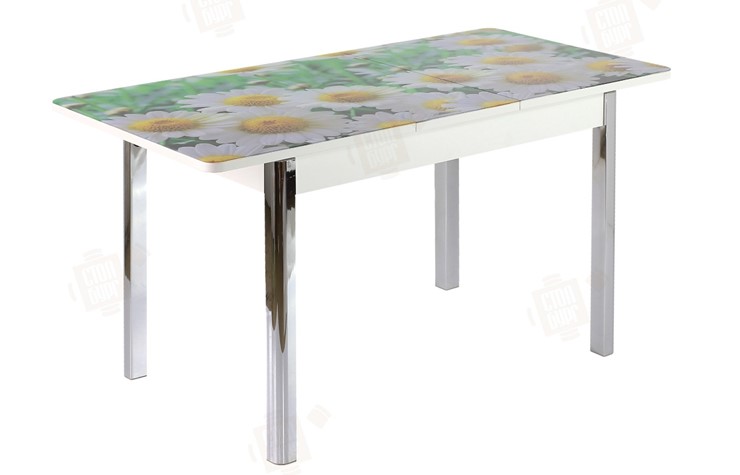 Кухонный стол раздвижной Айсберг-01 СТФ, дуб/фотопечать ромашки/ноги хром квадратные в Элисте - изображение 3