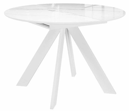 Стол обеденный раздвижной DikLine SFC110 d1100 стекло Оптивайт Белый мрамор/подстолье белое/опоры белые в Элисте - изображение