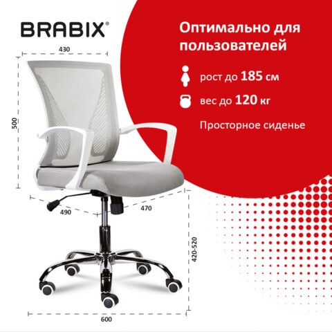 Кресло компьютерное Brabix Wings MG-306 (пластик белый, хром, сетка, серое) 532012 в Элисте - изображение 7