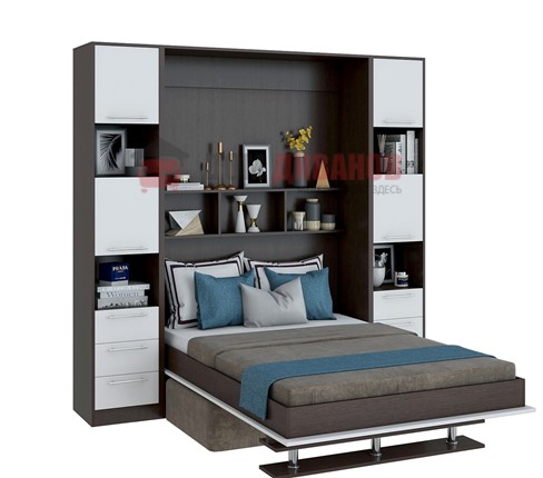 Кровать-шкаф с диваном Бела 1, с полкой ножкой, 1600х2000, венге/белый в Элисте - изображение