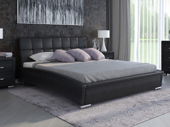 Кровать 2-спальная Corso-1L 140x200, Экокожа (Кайман черный) в Элисте - изображение
