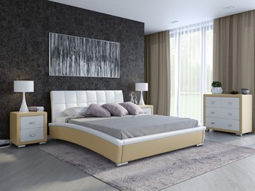 Кровать 2-спальная Corso-1L 140x200, Экокожа (Кремовый с белым) в Элисте