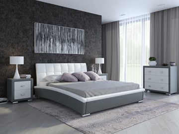 Кровать двуспальная Corso-1L 140x200, Экокожа (Серый с белым) в Элисте