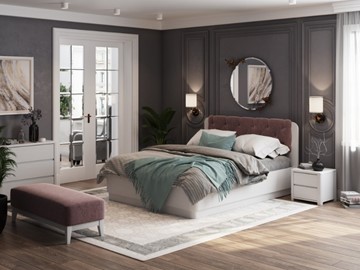 Двуспальная кровать с механизмом Wood Home 1 160х200, Белая эмаль (сосна) с брашированием/Бентлей Нежно-лиловый в Элисте