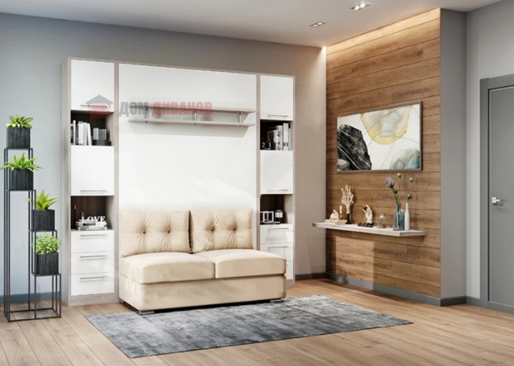 Кровать-шкаф с диваном Бела 1, с полкой ножкой, 1600х2000, Эльбрус/белый в Элисте - изображение 1