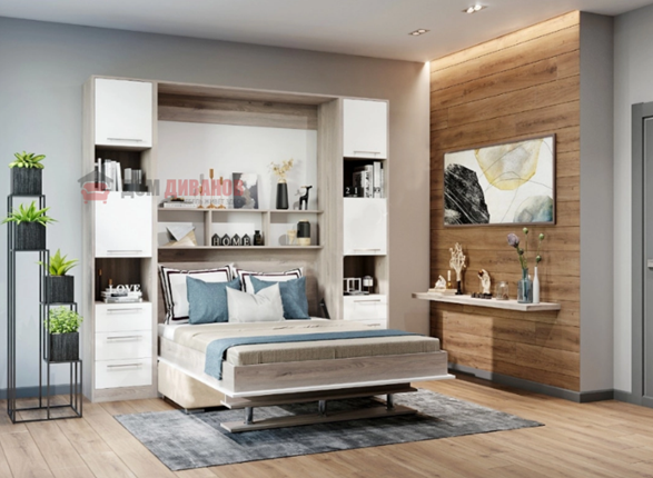 Кровать-шкаф с диваном Бела 1, с полкой ножкой, 1600х2000, Эльбрус/белый в Элисте - изображение